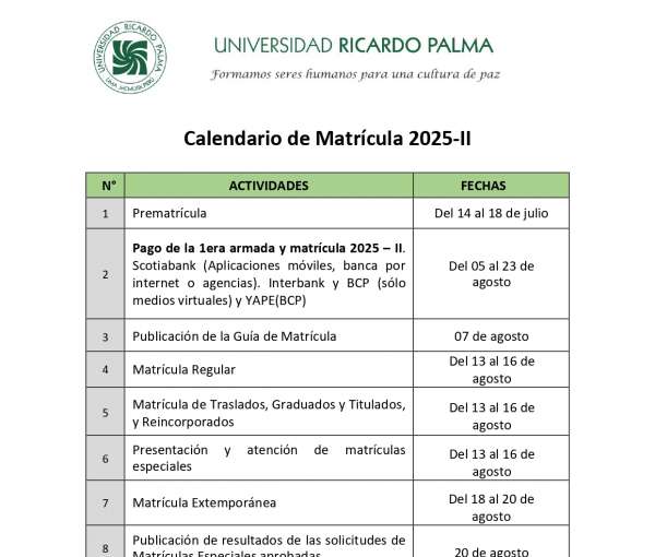 CALENDARIO MATRÍCULA 2025-II